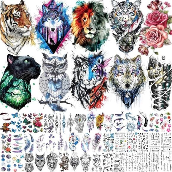 56 Sheets Watercolor Owl Tiger Lion Temporary Tattoos For Women Men Body Art - Picture 1 of 6